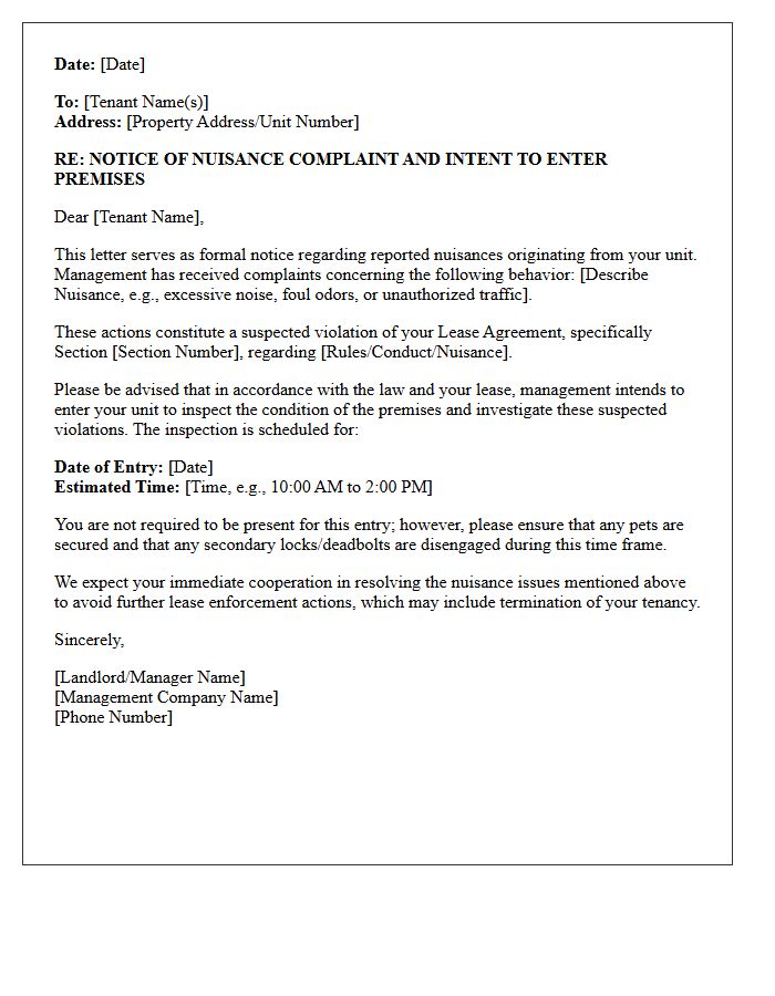 Nuisance Complaint Suspected Lease Violation Entry Notice Letter