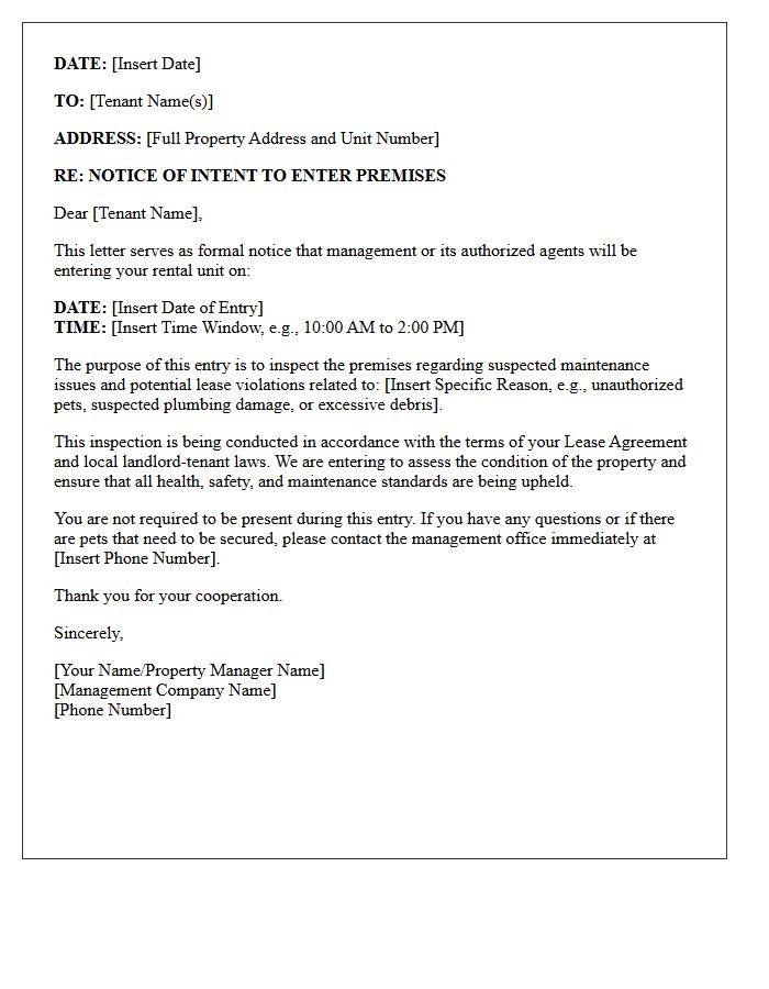 Property Maintenance Suspected Lease Violation Entry Letter