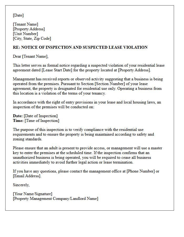 Suspected Business Operation Lease Violation Inspection Letter