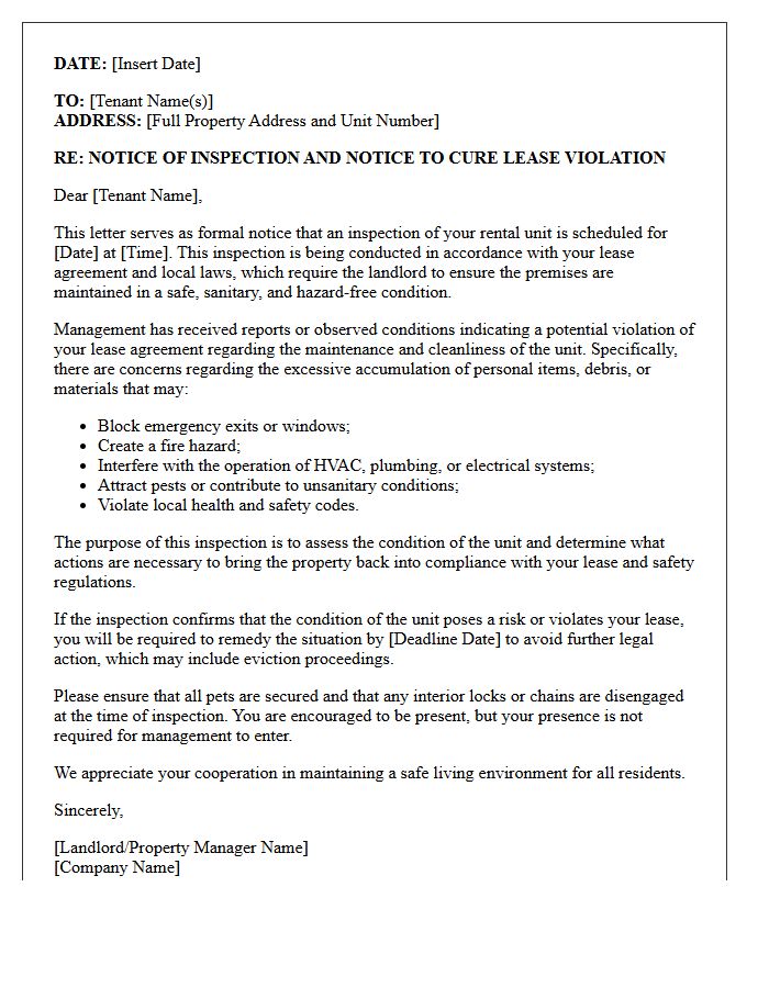 Suspected Hoarding Lease Violation Inspection Notice Letter