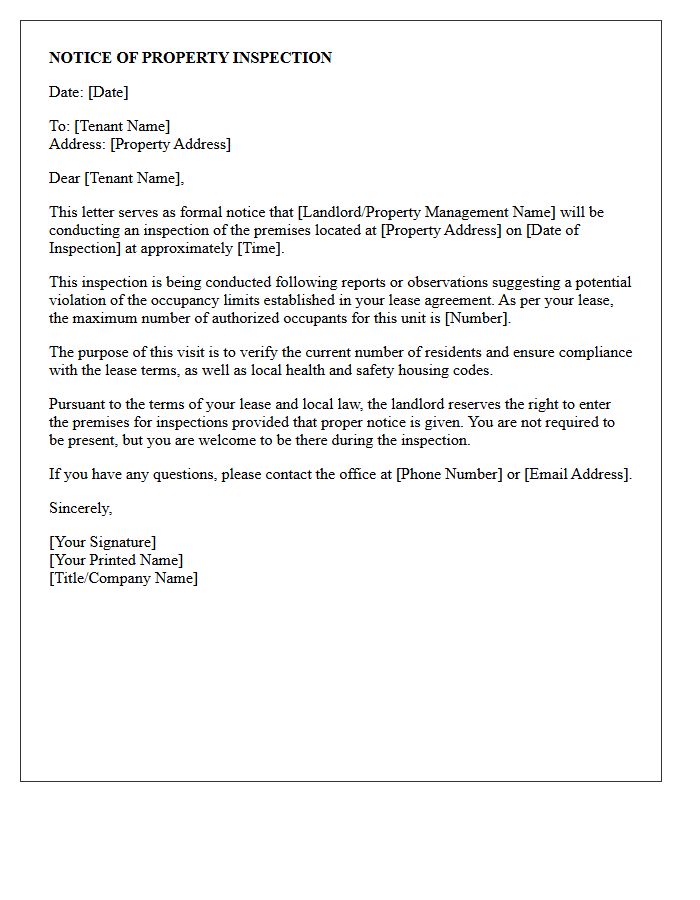Suspected Occupancy Limit Violation Inspection Notice Letter