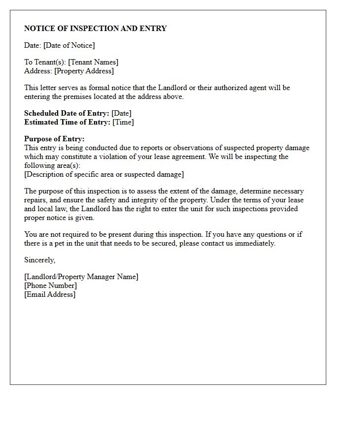 Suspected Property Damage Lease Violation Entry Notice Letter