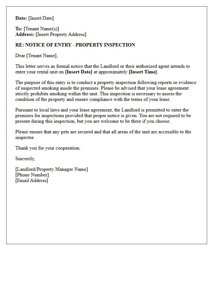 Suspected Smoking Lease Violation Property Inspection Entry Letter