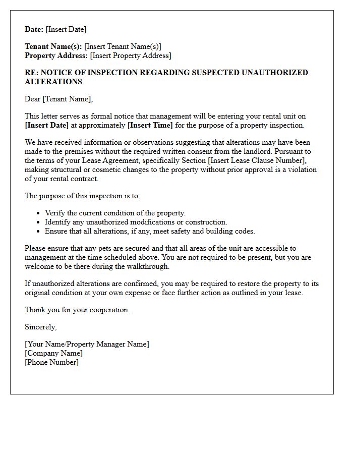 Unauthorized Alterations Suspected Violation Inspection Entry Letter