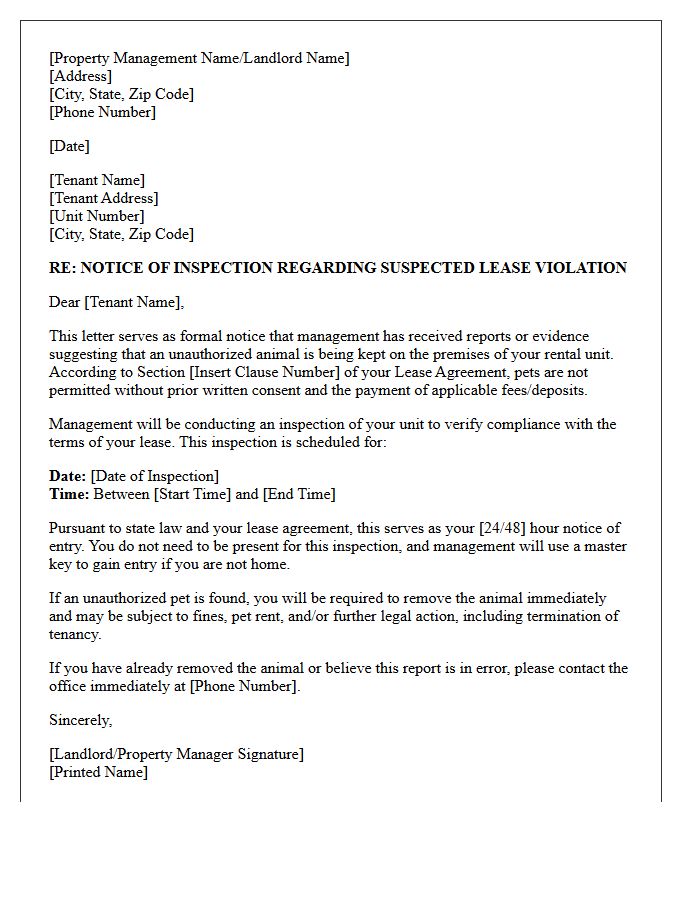 Unauthorized Pet Suspected Lease Violation Inspection Notice Letter