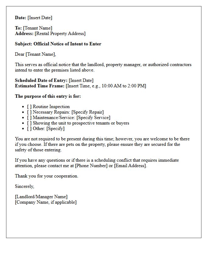 Dear Tenant This Serves as Official Notice of Intent to Enter