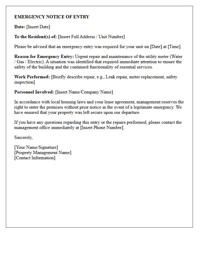 Emergency Notice of Entry Letter for Utility Meter Repair and Maintenance