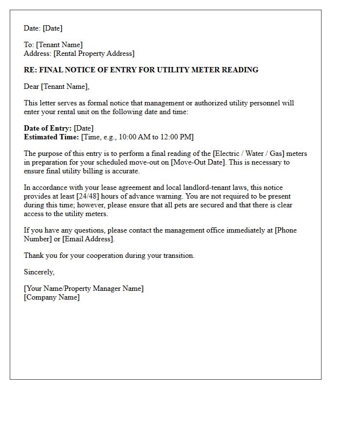 Final Move-Out Notice of Entry Letter for Utility Meter Reading