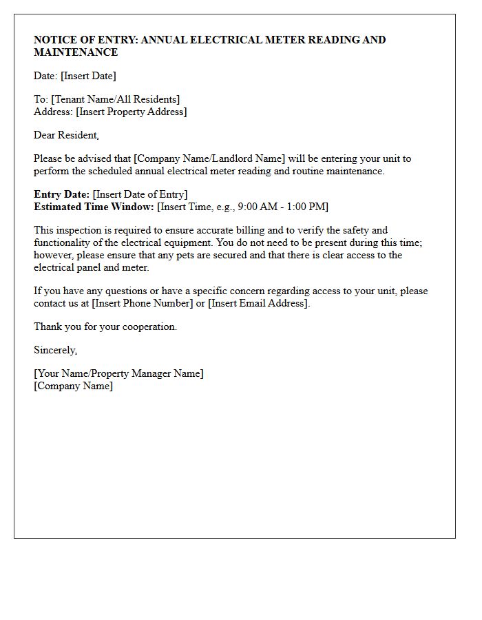 Notice of Entry Letter for Annual Electrical Meter Reading and Maintenance