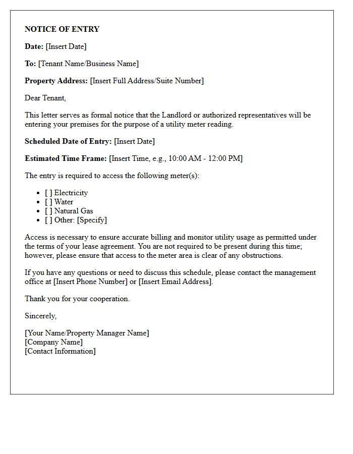 Notice of Entry Letter for Commercial Property Utility Meter Reading