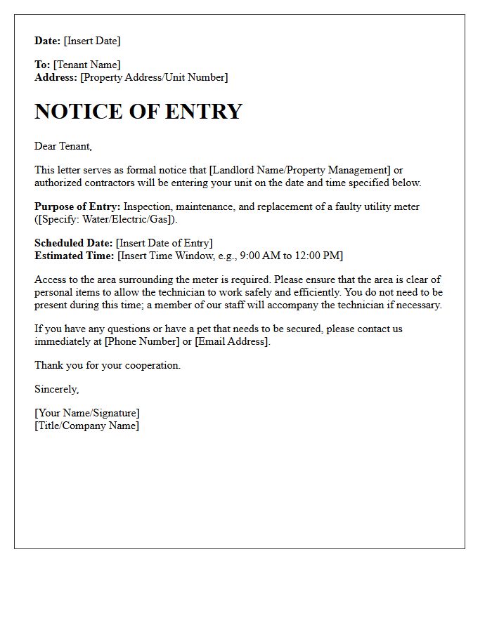 Notice of Entry Letter for Faulty Utility Meter Replacement and Maintenance