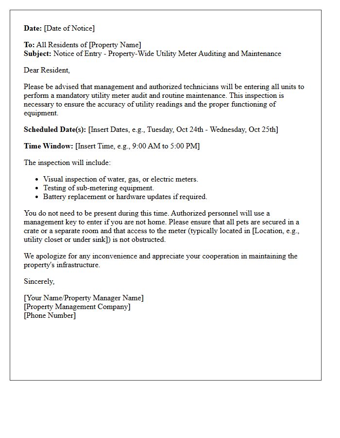 Notice of Entry Letter for Property-Wide Utility Meter Auditing and Maintenance