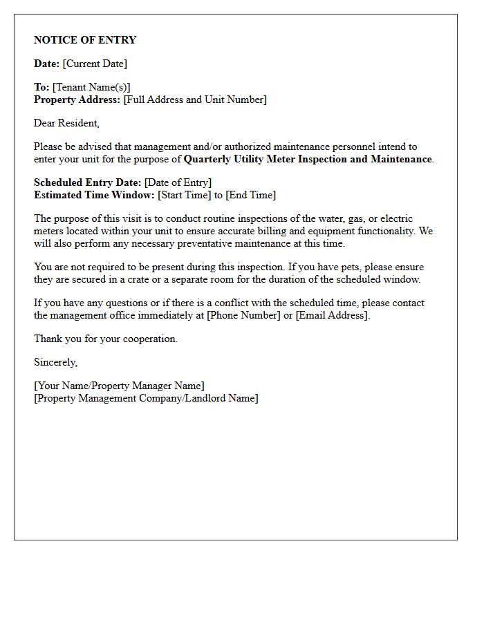 Notice of Entry Letter for Quarterly Utility Meter Inspection and Maintenance