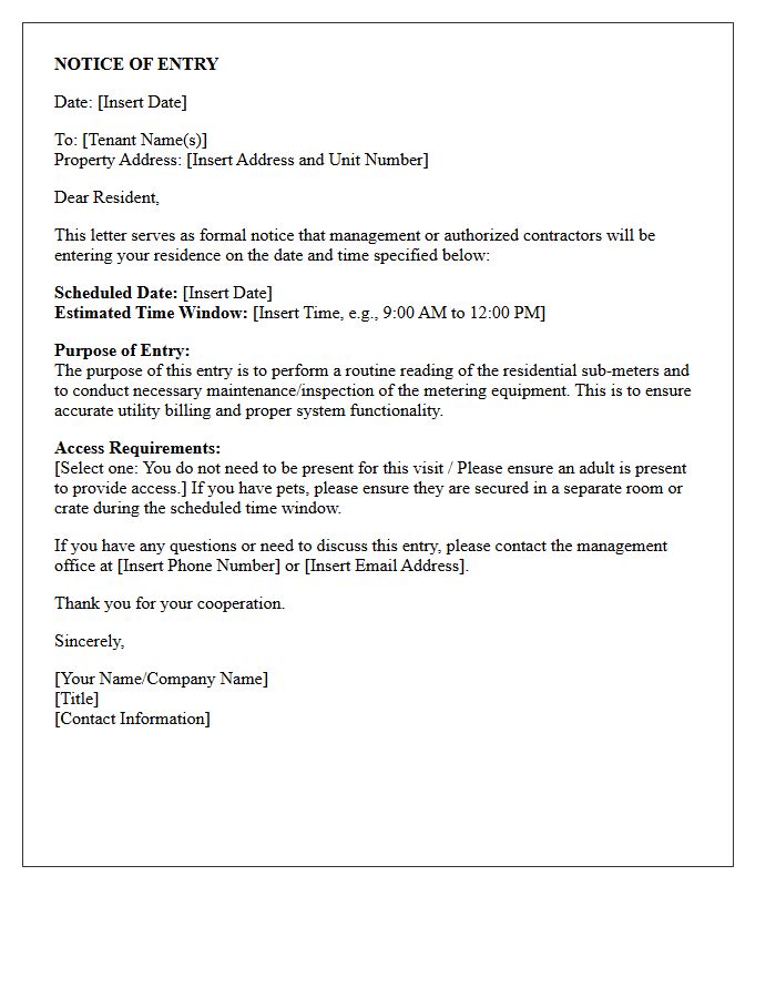 Notice of Entry Letter for Residential Sub-Meter Reading and Maintenance
