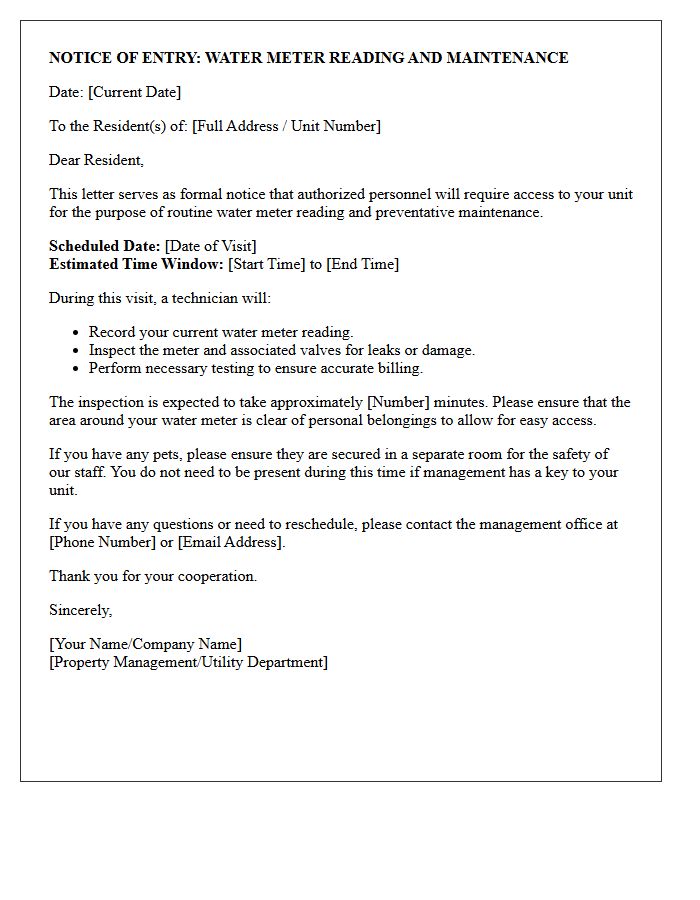 Notice of Entry Letter for Routine Water Meter Reading and Maintenance