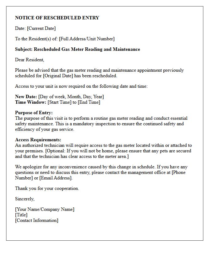 Rescheduled Notice of Entry Letter for Gas Meter Reading and Maintenance