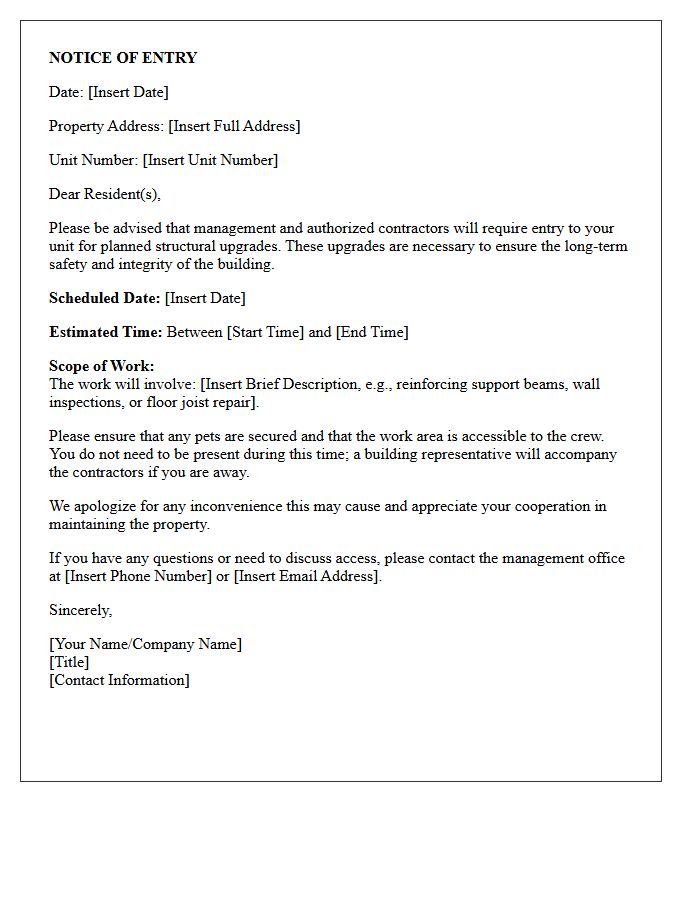 Notice of Entry Letter for Planned Structural Upgrades