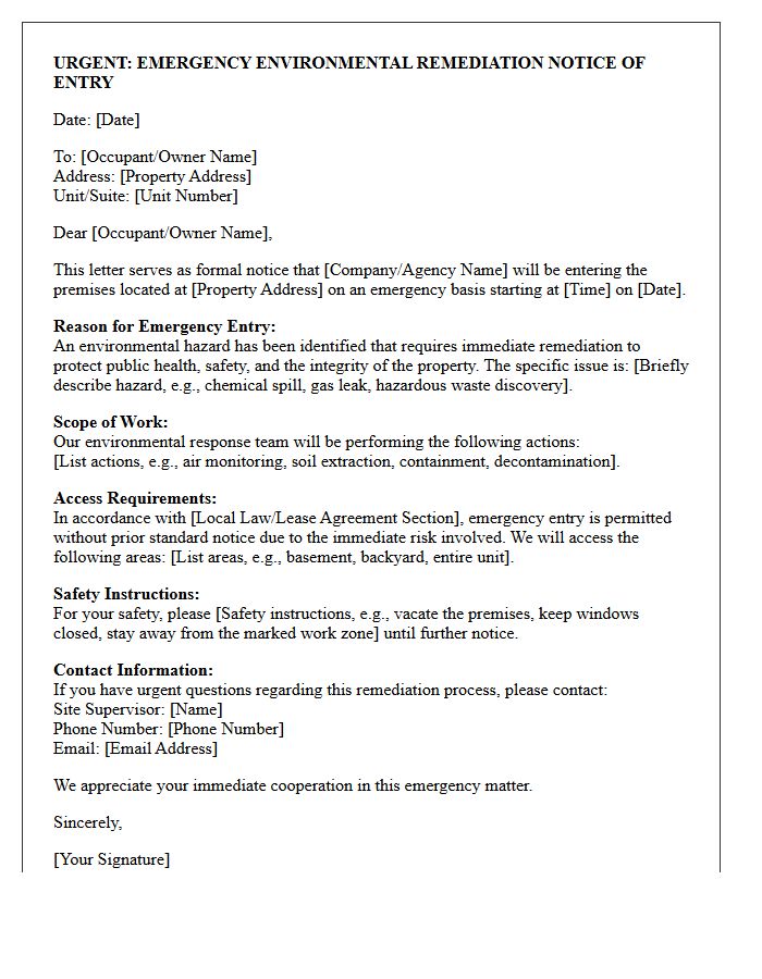 Emergency Environmental Remediation Notice of Entry Letter