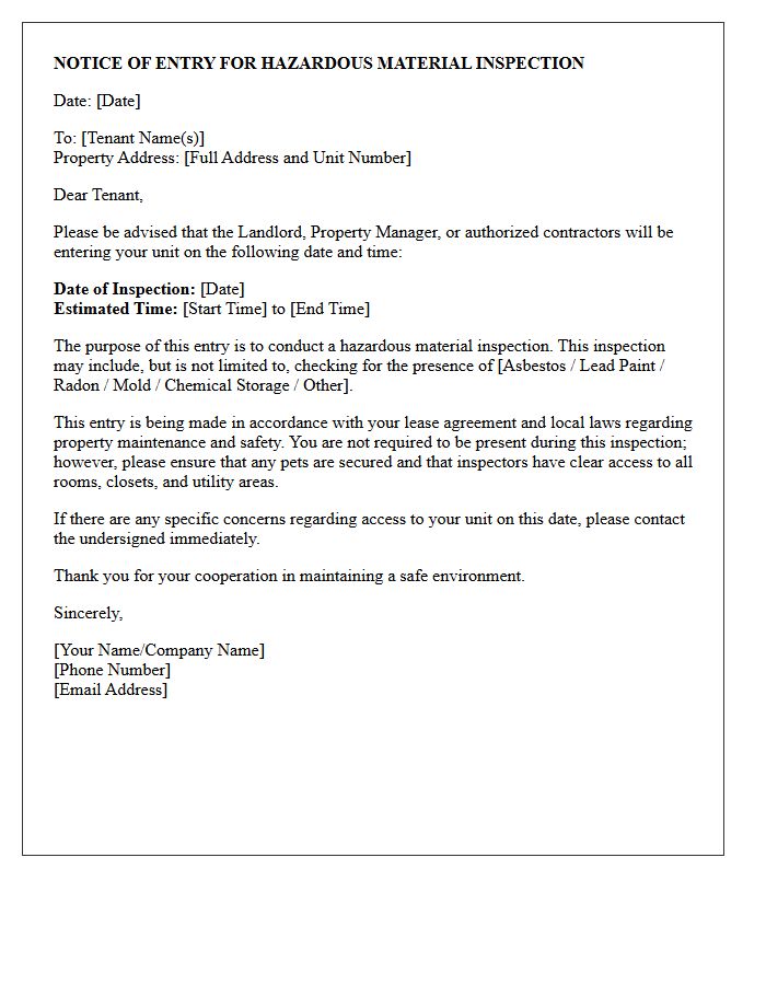 Hazardous Material Inspection Notice of Entry Letter