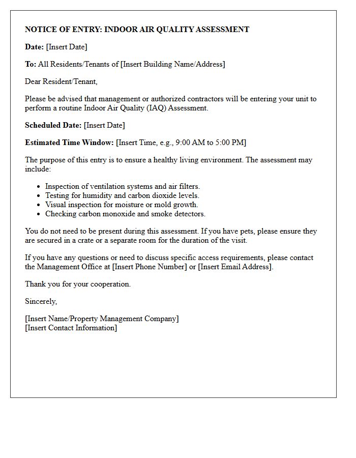 Indoor Air Quality Assessment Notice of Entry Letter