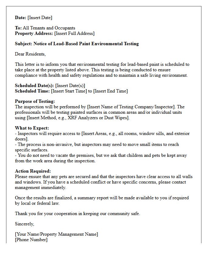 Lead-Based Paint Environmental Testing Notice Letter