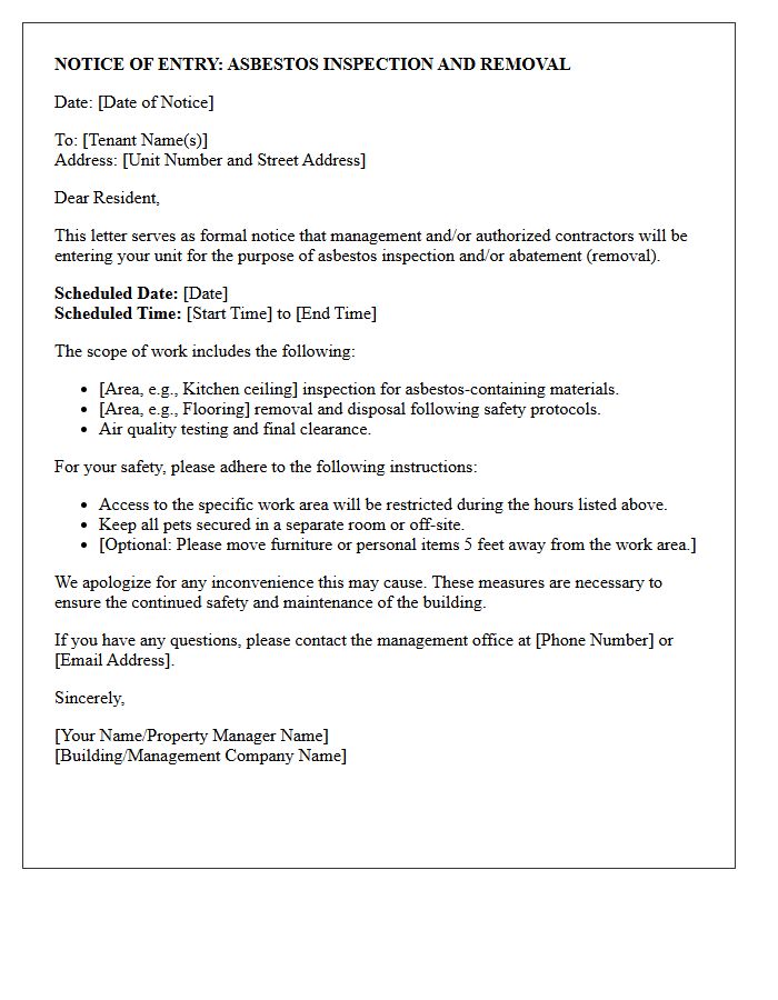 Notice of Entry Letter for Asbestos Inspection and Removal