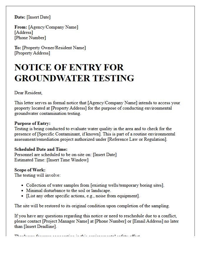 Notice of Entry Letter for Groundwater Contamination Testing