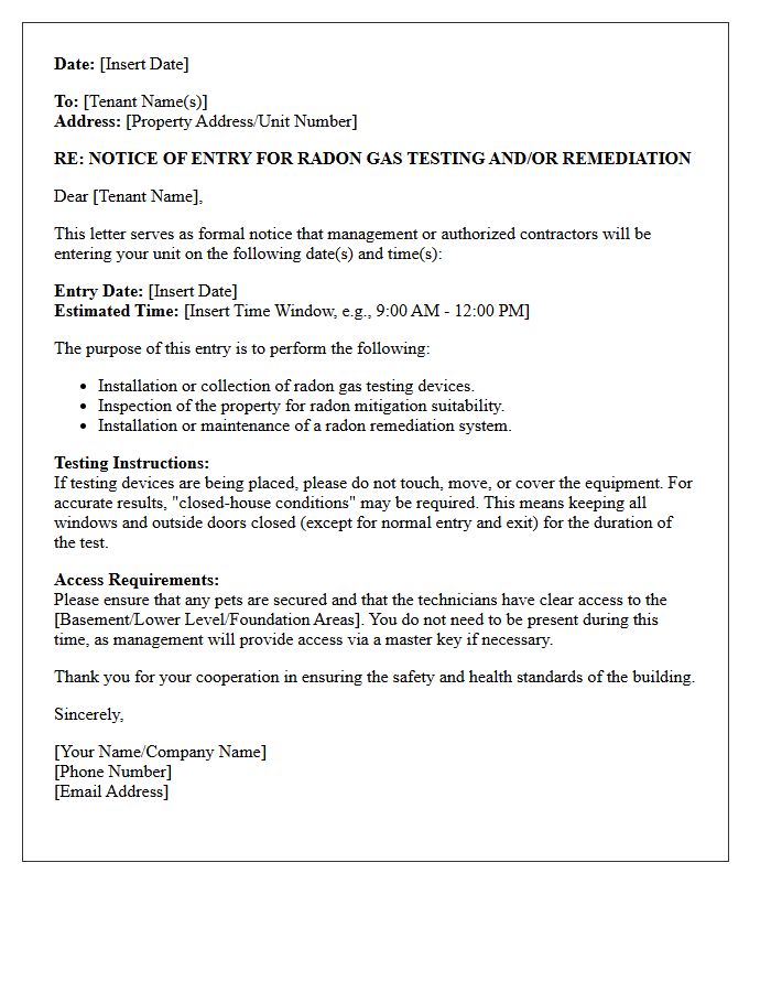 Radon Gas Testing and Remediation Entry Notice Letter
