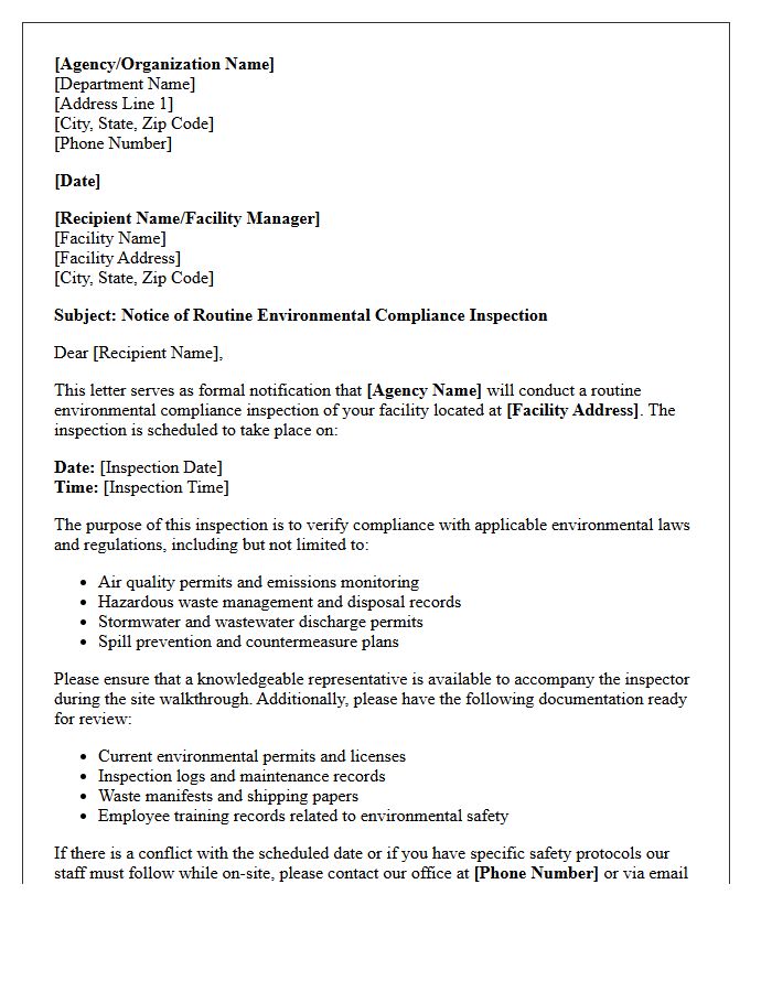 Routine Environmental Compliance Inspection Notice Letter