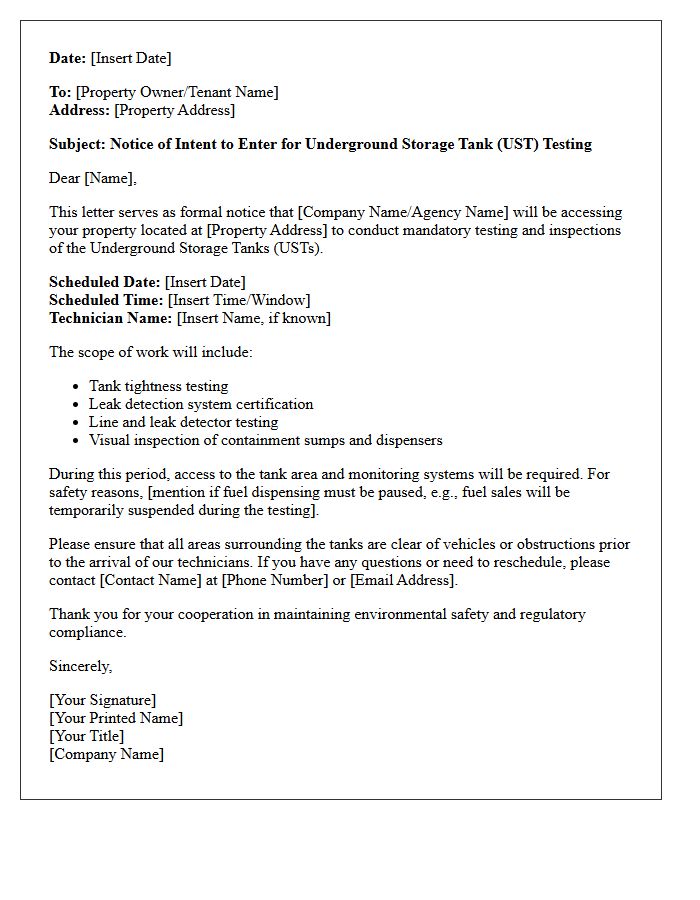 Underground Storage Tank Testing Entry Notice Letter