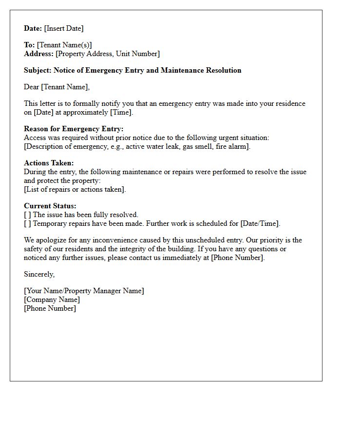 Emergency Access and Maintenance Resolution Letter