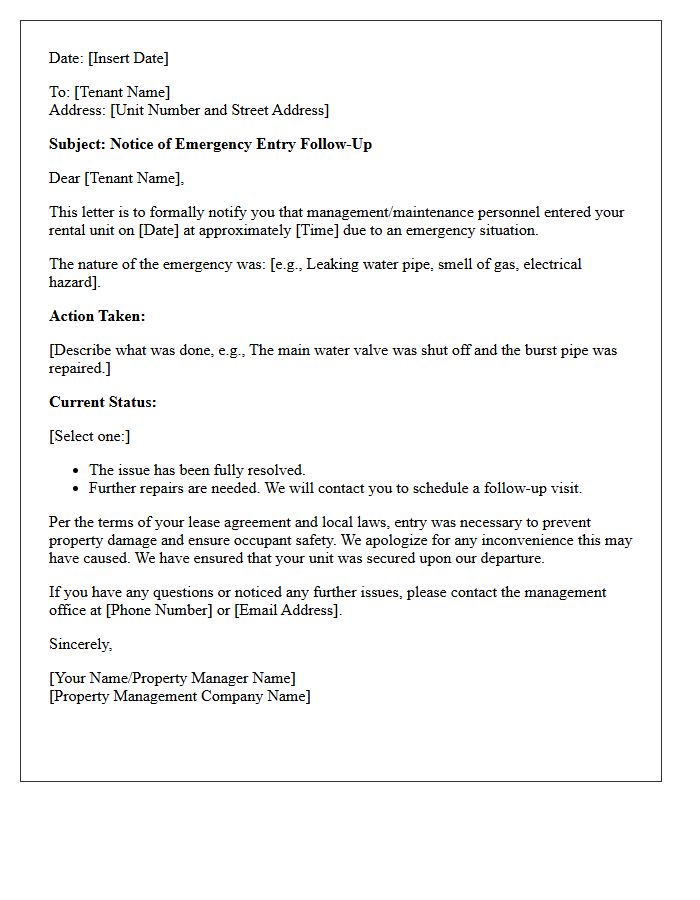 Emergency Maintenance Access Follow-Up Letter