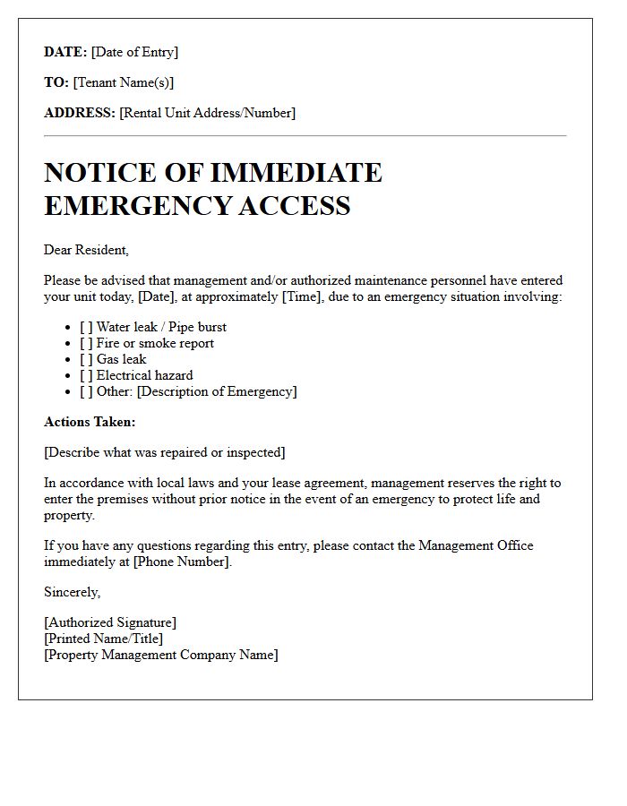 Management Notice of Immediate Emergency Access Letter