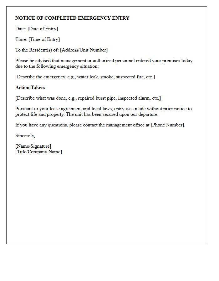 Notice of Completed Emergency Entry Letter