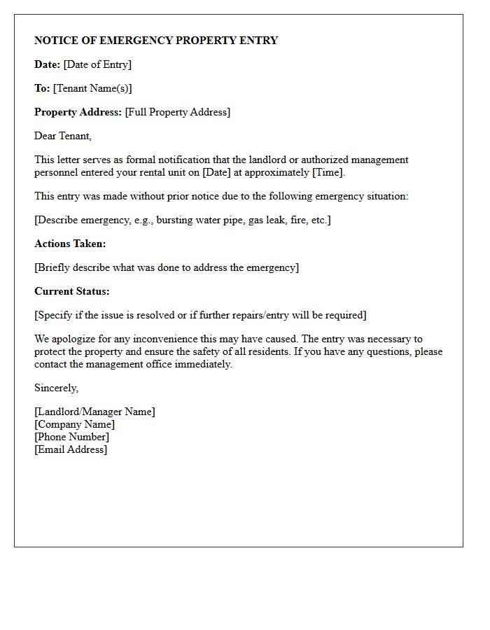 Notice of Emergency Property Entry Letter