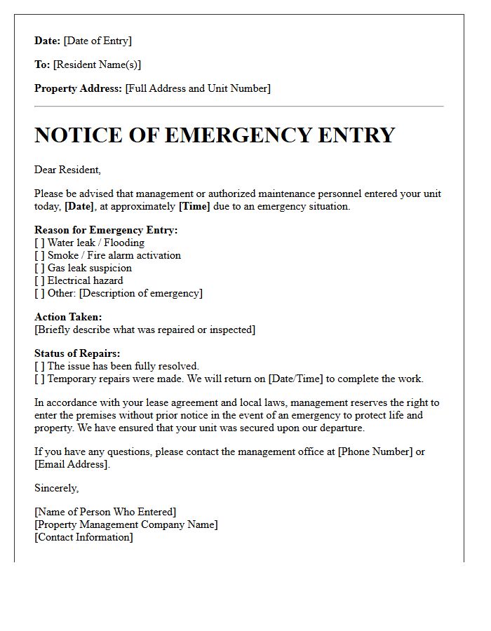 Property Management Emergency Access Notification Letter