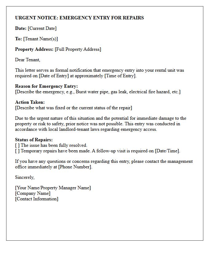 Urgent Emergency Repair Entry Notification Letter