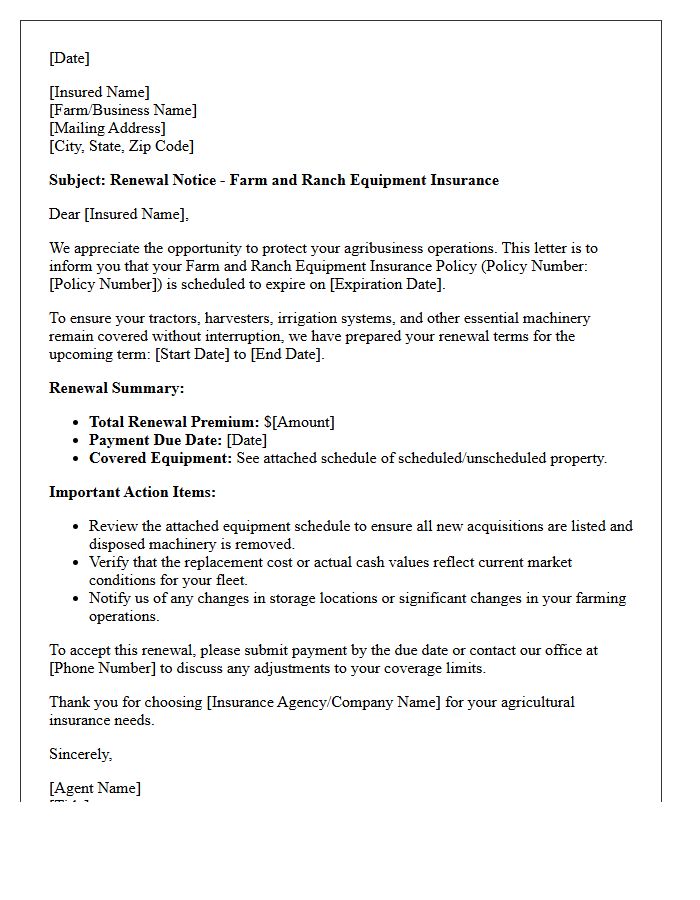 Agribusiness Farm and Ranch Equipment Insurance Renewal Letter