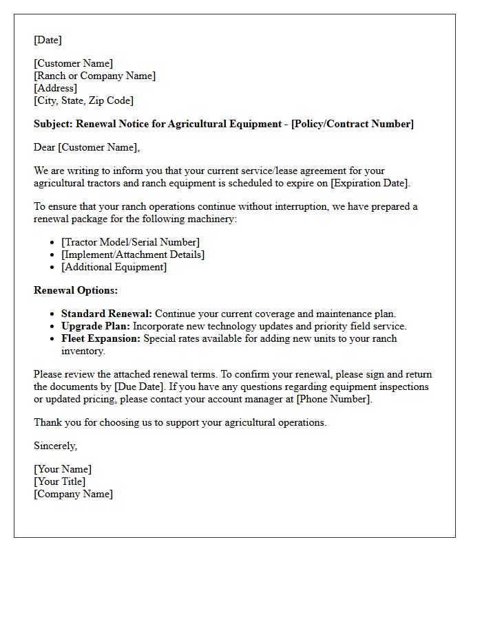 Agricultural Tractor and Ranch Equipment Renewal Letter