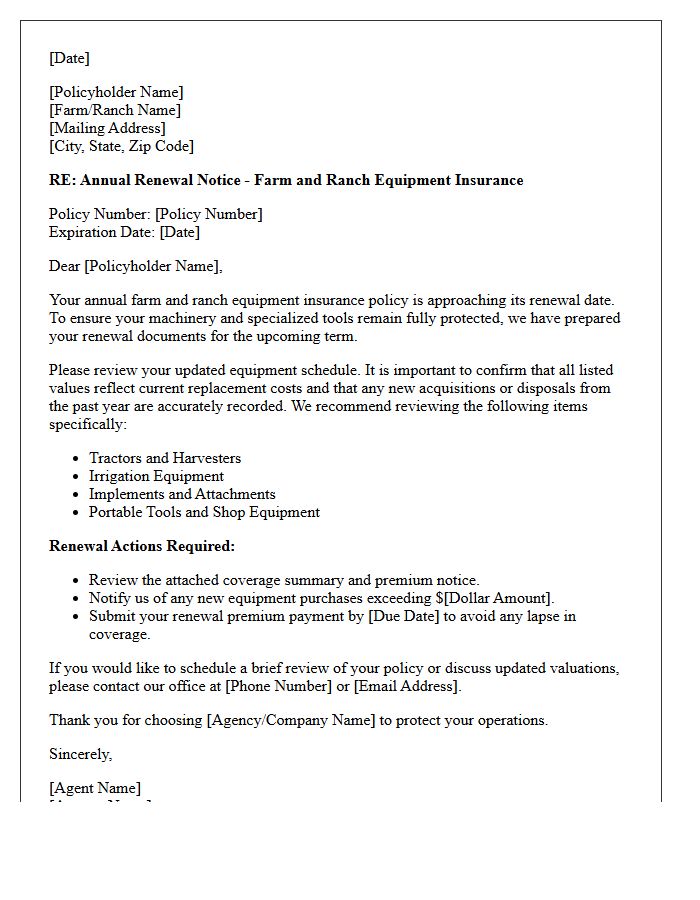 Annual Farm and Ranch Equipment Insurance Renewal Letter