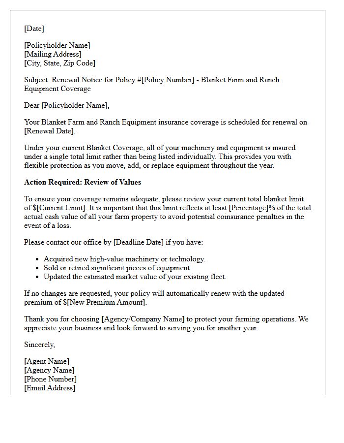 Blanket Farm and Ranch Equipment Coverage Renewal Letter