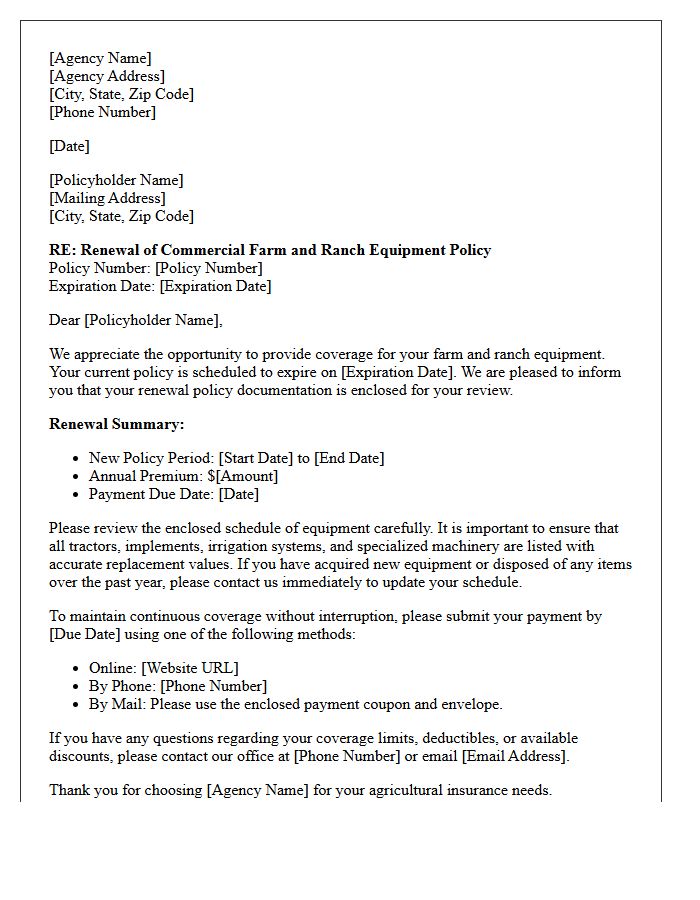 Commercial Farm and Ranch Equipment Policy Renewal Letter