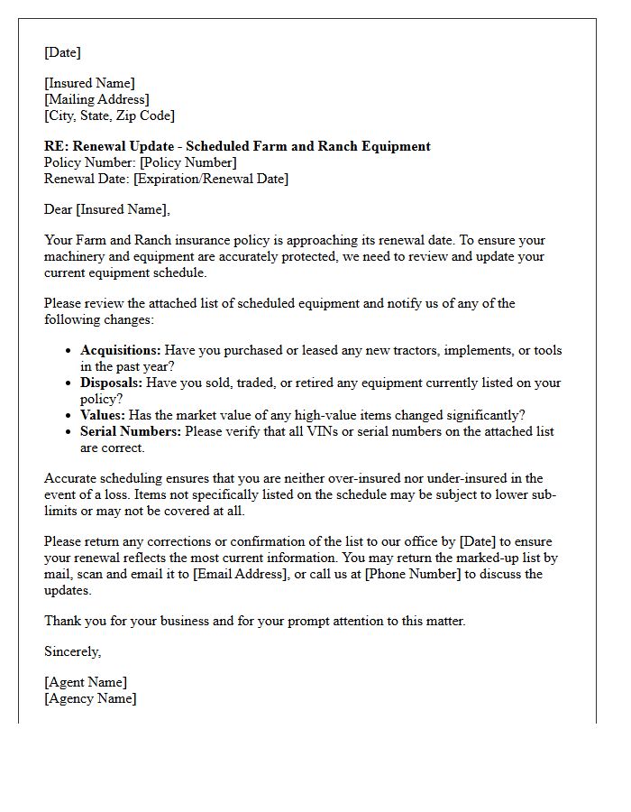 Farm and Ranch Equipment Schedule Update Renewal Letter