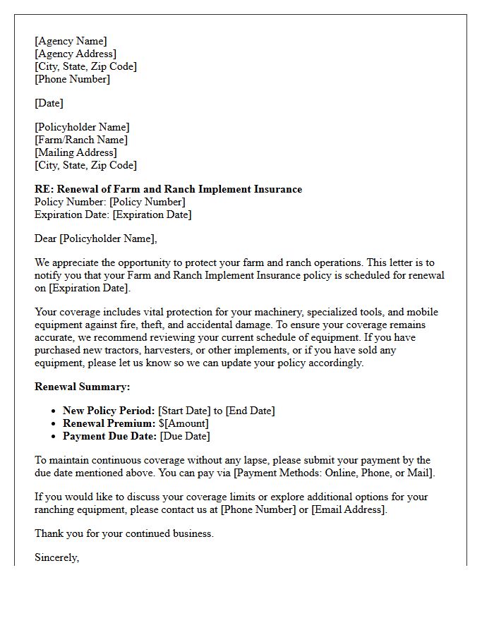 Farm and Ranch Implement Insurance Renewal Letter