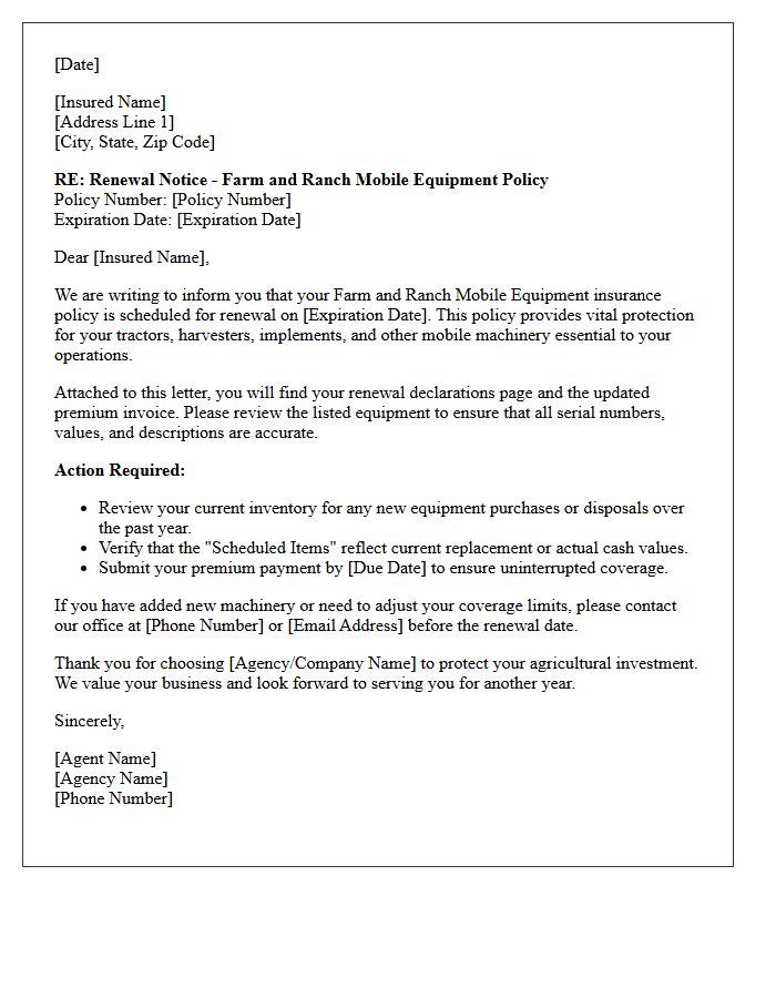 Farm and Ranch Mobile Equipment Policy Renewal Letter