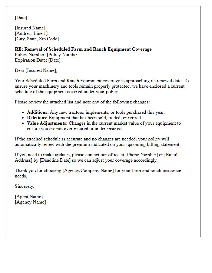 Scheduled Farm and Ranch Equipment Coverage Renewal Letter