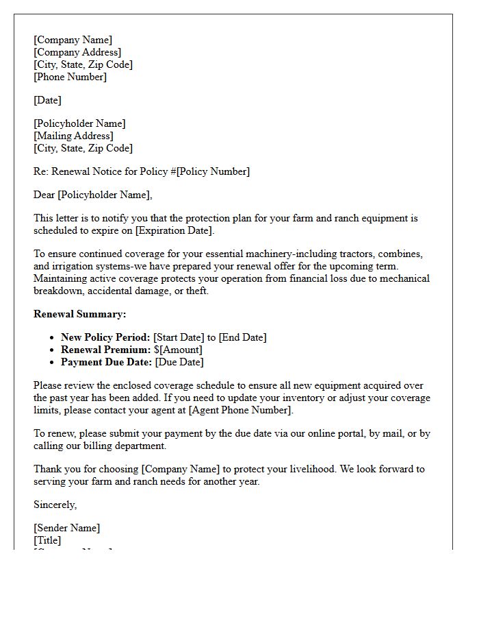 Standard Farm and Ranch Equipment Protection Renewal Letter