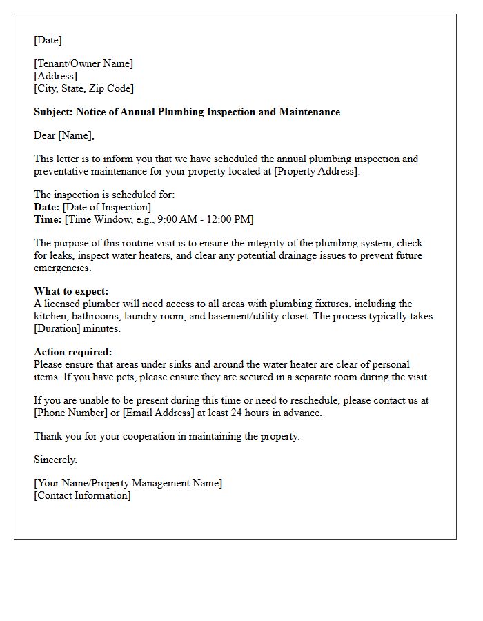 Annual Plumbing Inspection and Maintenance Letter