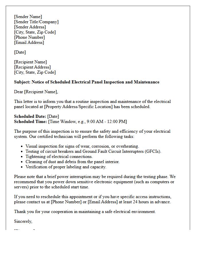 Electrical Panel Inspection and Maintenance Letter