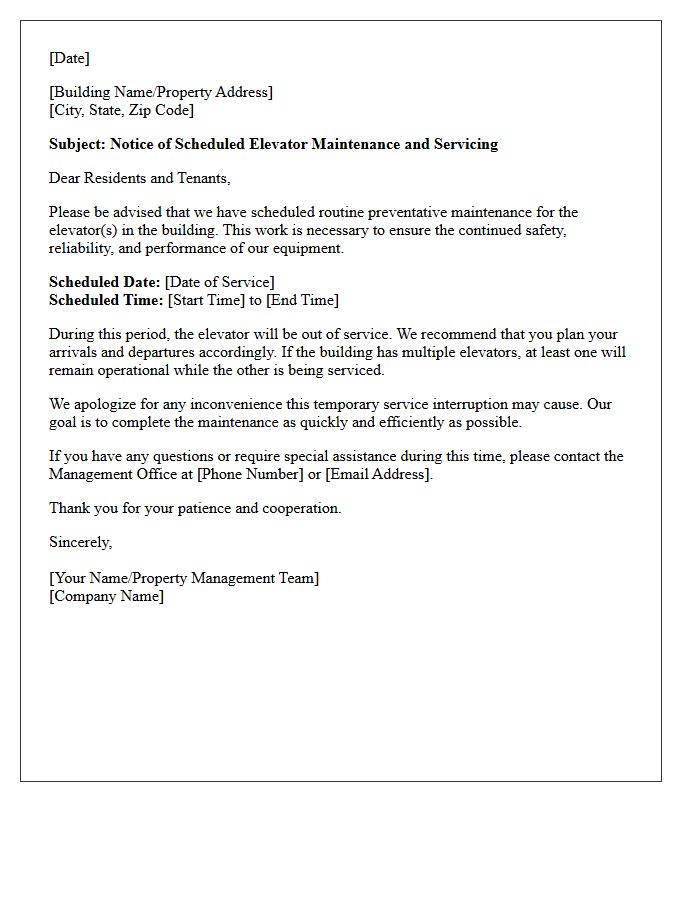 Elevator Servicing and Preventative Maintenance Letter